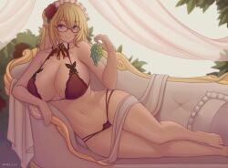 Rule 34 | 1girl, bad id, bad twitter id, barefoot, blonde hair, bra, breasts, closed mouth, commission, couch, flower, food, fruit, glasses, grapes, hair flower, hair ornament, holding, huge breasts, long hair, looking at viewer, mole, mole on breast, multi-strapped panties, neck ribbon, orange ribbon, original, panties, pillow, purple eyes, red bra, red flower, red panties, red rose, ribbon, rose, shellvi, sitting, smile, solo, underwear