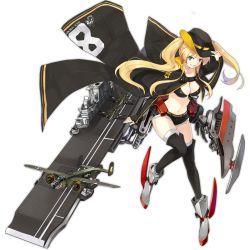 Rule 34 | 1girl, aircraft, airplane, azur lane, belt, bikini, bikini top only, black bikini, black hat, black thighhighs, blonde hair, bomber, breasts, cape, cleavage, clothes writing, elbow gloves, front-tie bikini top, front-tie top, full body, gloves, green eyes, grin, hat, hornet (azur lane), long sleeves, looking at viewer, medium breasts, midriff, military, military vehicle, official art, short shorts, shorts, shrug (clothing), simple background, sleeves past wrists, smile, solo, stomach, swimsuit, thighhighs, transparent background, twintails, white thighhighs, yellow belt