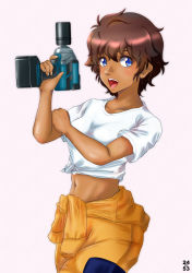 Rule 34 | 1girl, artist name, blue eyes, brown hair, clothes around waist, commentary, cowboy shot, dark-skinned female, dark skin, girls und panzer, gloves, hand on own arm, highres, holding, jumpsuit, jumpsuit pull, looking at viewer, mechanic, midriff, navel, nishi itsumi, open mouth, orange jumpsuit, pink background, power tool, shirt, short hair, signature, smile, solo, standing, suzuki (girls und panzer), t-shirt, tan, tied shirt, uniform, white gloves, white shirt