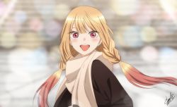 Rule 34 | 1girl, :d, beige scarf, blonde hair, blurry, blurry background, blush, braid, brown jacket, earrings, eyebrows hidden by hair, from behind, highres, jacket, jewelry, kitagawa marin, laillnii, long hair, looking at viewer, looking back, multicolored hair, multiple piercings, open mouth, outdoors, piercing, pink hair, red eyes, scarf, signature, smile, solo, sono bisque doll wa koi wo suru, stud earrings, turning head, twin braids, twintails, two-tone hair