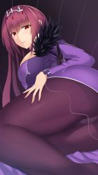 Rule 34 | 1girl, absurdres, breasts, commentary request, dress, fate/grand order, fate (series), feng mouren, fur trim, hair between eyes, highres, jewelry, large breasts, long hair, looking at viewer, lying, on side, panties, panties under pantyhose, pantyhose, parted lips, purple dress, purple hair, red eyes, scathach (fate), scathach skadi (fate), solo, thigh grab, tiara, underwear