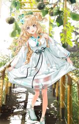 Rule 34 | 1girl, black bow, blonde hair, blush, bow, clothes lift, detached sleeves, dress, flower, full body, grey eyes, hair flower, hair ornament, highres, lifting own clothes, long hair, long sleeves, looking at viewer, open mouth, original, outdoors, see-through, side ponytail, skirt, skirt lift, smile, solo, standing, ttorong, wet, wet clothes, white dress, white footwear, wide sleeves