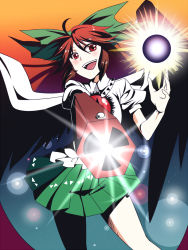 Rule 34 | 1girl, arm cannon, bow, brown hair, cape, female focus, foreshortening, hair bow, high contrast, pleated skirt, red eyes, reiuji utsuho, ripton sabo, riputon (lipton sabou), skirt, smile, solo, touhou, weapon, wings