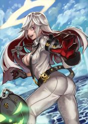Rule 34 | 1girl, ahoge, ankh, arc system works, ass, ball and chain restraint, belt, bodysuit, breasts, cross, cross necklace, gloves, guilty gear, guilty gear xrd, guilty gear xrd: revelator, halo, highres, jack-o&#039; valentine, jewelry, long hair, looking at viewer, multicolored hair, necklace, open mouth, pants, red eyes, red hair, silver hair, skin tight, smile, solo, tight clothes, tight pants, water, yoshi hiro