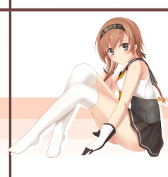 Rule 34 | 10s, 1girl, absurdres, bad id, bad pixiv id, bare shoulders, braid, brown hair, clothes writing, from side, gloves, grey eyes, hairband, highres, kantai collection, legs, long hair, looking at viewer, miniskirt, school uniform, serafuku, sitting, skirt, sleeveless, solo, striped, striped background, teruzuki (kancolle), thighhighs, white thighhighs, zhou yu (ppaaqz1995)