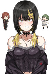 Rule 34 | 3girls, aketa mikoto, alternate hairstyle, black choker, black hair, black jacket, blonde hair, blush, breasts, chibi, chibi inset, choker, clenched teeth, crop top, highres, idolmaster, idolmaster shiny colors, ikaruga luca, jacket, jewelry, looking at viewer, low twintails, medium hair, multicolored hair, multiple girls, nanakusa nichika, necklace, off shoulder, simple background, small breasts, teeth, tsurui, twintails, two-tone hair, upper body, white background, yellow eyes