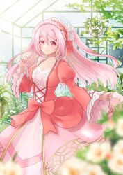 Rule 34 | 1girl, blurry, blurry foreground, bow, breasts, cleavage, dress, frilled dress, frilled sleeves, frills, greenhouse, hairband, hanging plant, highres, juliet sleeves, layered dress, lolita hairband, long hair, long sleeves, looking at viewer, marian oekaki, medium breasts, original, pink eyes, pink hair, plant, puffy sleeves, smile, solo, sunlight, two side up, very long hair