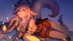 Rule 34 | 1girl, absurdres, animal ears, anklet, bare shoulders, barefoot, breasts, crossed bangs, detached sleeves, dutch angle, eyeshadow, finger to mouth, fox ears, fox girl, fox shadow puppet, fox tail, full body, genshin impact, headpiece, highres, jewelry, light particles, long hair, looking at viewer, lying, makeup, medium breasts, naglus, nail polish, on stomach, parted lips, pink hair, pink nails, purple eyes, red eyeshadow, red skirt, sideboob, skirt, solo, tail, tail raised, turtleneck, vision (genshin impact), yae miko