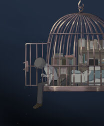 Rule 34 | 1other, absurdres, ambiguous gender, avogado6, bed, bed sheet, birdcage, black background, black pants, book, brown footwear, brown hair, cage, clenched hands, commentary, from side, full body, highres, in cage, loafers, looking down, monitor, original, pants, pillow, shelf, shirt, shoes, short hair, short sleeves, simple background, textbook, white shirt