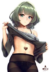 Rule 34 | 1girl, bare shoulders, black panties, black pantyhose, blouse, blouse lift, blue eyes, blush, breasts, brown hair, candy, chocolate, chocolate heart, clothes lift, collarbone, cowboy shot, food, green eyes, green hair, green shirt, grey shirt, heart, heterochromia, highres, idolmaster, idolmaster cinderella girls, infinote, jewelry, lifting own clothes, lingerie, looking at viewer, medium breasts, mole, mole under eye, nail art, navel, off-shoulder blouse, panties, panties under pantyhose, pantyhose, shirt, shirt lift, short hair, sidelocks, signature, simple background, skindentation, smile, solo, stomach, takagaki kaede, thighband pantyhose, underwear, white background, wide sleeves