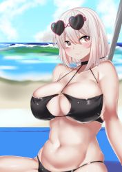 Rule 34 | 1girl, absurdres, arm support, azur lane, bare shoulders, beach, beach mat, bikini, black bikini, black choker, blue sky, blush, breasts, choker, cleavage, closed mouth, cloud, collarbone, commentary request, cowboy shot, day, eyewear on head, groin, hair between eyes, heart, heart-shaped eyewear, highres, large breasts, looking at viewer, low twintails, navel, o-ring, o-ring bikini, o-ring top, ocean, official alternate costume, outdoors, partial commentary, pink-framed eyewear, red eyes, shinonome halltro, short hair, short twintails, sidelocks, sirius (azur lane), sirius (scorching-hot seirios) (azur lane), sitting, skindentation, sky, smile, solo, stomach, sunglasses, swimsuit, twintails, underboob, white hair