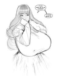 Rule 34 | 1girl, blush, borrowed character, breasts, commentary, dress, english commentary, english text, freeglass, greyscale, hand on own cheek, hand on own face, highres, huge breasts, looking to the side, monochrome, original, sketch, sleeves past wrists, smile, solo, speech bubble, thick eyebrows