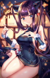 Rule 34 | 1girl, armlet, artist name, bare shoulders, black dress, blue eyes, blunt bangs, blush, breasts, china dress, chinese clothes, commentary request, dress, fate/grand order, fate (series), hair ornament, hand on own chest, highres, holding, holding own hair, leaf hair ornament, long hair, looking at viewer, medium breasts, purple hair, sideboob, sitting, sleeveless, sleeveless dress, smile, solo, squchan, thighs, twintails, very long hair, yang guifei (fate), yang guifei (second ascension) (fate), yokozuwari