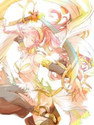 Rule 34 | 1girl, anklet, armlet, ass, bare shoulders, bracelet, braid, breasts, butt crack, cleavage, detached sleeves, fire emblem, fire emblem awakening, hairband, highres, holding, holding sword, holding weapon, huge breasts, jewelry, leg up, long hair, midriff, navel, nintendo, olivia (fire emblem), panties, pink hair, ponytail, sandals, side braid, smile, solo, sword, thighhighs, torisudesu, twin braids, underwear, weapon, white panties, yellow eyes