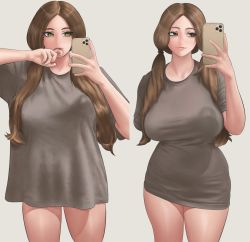 Rule 34 | 1girl, arm behind back, breasts, brown hair, clothes pull, green eyes, highres, large breasts, long hair, messy hair, open mouth, original, phone, photo-referenced, self-upload, shirt, shirt pull, smile, solo, standing, t-shirt, upper body, white background, yago rilla
