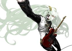 Rule 34 | 1girl, agitation (module), alternate costume, black pantyhose, cable, closed mouth, cowboy shot, cropped jacket, electric guitar, eyelashes, fender telecaster, flat chest, floating hair, green hair, guitar, hair ornament, hatsune miku, headphones, heart, highres, holding, holding instrument, instrument, jacket, long hair, long sleeves, looking away, music, nagimiso, outstretched arm, pantyhose, playing instrument, project diva (series), simple background, solo, thigh strap, thighhighs, thighhighs over pantyhose, twintails, unhappy refrain (vocaloid), very long hair, vocaloid, white background, yellow eyes, zipper