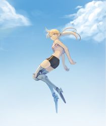 Rule 34 | 1girl, bike shorts, blonde hair, blue eyes, blue sky, breasts, closed mouth, cloud, copyright request, crop top, day, floating hair, from side, full body, highres, jumping, long hair, looking at viewer, looking to the side, mechanical legs, medium breasts, ponytail, sky, solo, sookmo, underboob