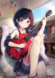 Rule 34 | 1girl, absurdres, arm up, armpits, bang dream!, bare legs, bare shoulders, bed, bedroom, black hair, black jacket, blue sky, blurry, blush, cable, closed mouth, collarbone, cutoffs, day, denim, denim shorts, depth of field, electric guitar, exitb, feet out of frame, guitar, head tilt, highres, indoors, instrument, jacket, knee up, light particles, light rays, looking at viewer, maruyama aya, minato yukina, mitake ran, multicolored hair, music, off shoulder, on bed, open clothes, open jacket, pillow, playing instrument, poster (object), purple eyes, red hair, red shirt, shelf, shirt, short hair, short shorts, shorts, sitting, sky, sleeveless, sleeveless shirt, smile, solo, streaked hair, sunbeam, sunlight, twitter username, v-shaped eyebrows, window