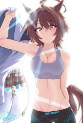 Rule 34 | 1girl, agnes tachyon (umamusume), ahoge, animal ears, armpits, bare shoulders, black shorts, blush, breasts, brown hair, cleavage, coat, unworn coat, collarbone, commentary request, earrings, gluteal fold, highres, hori shin, horse ears, horse girl, horse tail, jewelry, lab coat, lens flare, looking at viewer, medium breasts, midriff, navel, necklace, pants, print shorts, red eyes, short hair, shorts, signature, single earring, solo, sports bra, tail, test tube, tight clothes, tight pants, umamusume, white background, white coat