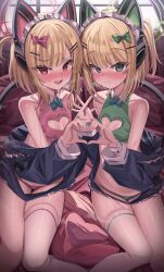 Rule 34 | 2girls, absurdres, animal ear headphones, animal ears, blonde hair, blue archive, blush, breasts, closed mouth, fake animal ears, fingernails, green eyes, green halo, green nails, halo, headphones, highres, indoors, kuwa za, looking at viewer, midori (blue archive), momoi (blue archive), multiple girls, nail polish, open mouth, pink halo, red eyes, red nails, short hair, siblings, single thighhigh, sisters, small breasts, thighhighs, twins, white thighhighs