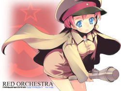 Rule 34 | blue eyes, cape, hammer and sickle, hat, man-portable anti-tank systems, military, military uniform, open mouth, panzerfaust, recoilless gun, red hair, red orchestra, red orchestra: ostfront 41-45, short hair, smile, soviet, star (symbol), uniform, weapon, world war ii