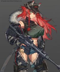 Rule 34 | 1girl, animal ears, belt, beowulf (girls&#039; frontline), braid, contrapposto, covered erect nipples, fake animal ears, girls&#039; frontline, green eyes, gun, hat, highres, leg tattoo, long hair, looking at viewer, muzzle device, nail polish, no bra, red hair, rifle, see-through, serious, short shorts, shorts, simple background, solo, soono (rlagpfl), tattoo, torn clothes, trigger discipline, twin braids, weapon
