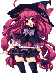 Rule 34 | ahoge, bow, cape, hat, original, pikiru, red eyes, red hair, solo, thighhighs, transparent background, witch hat