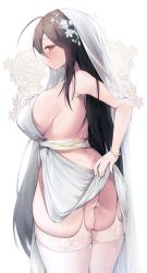 Rule 34 | 1girl, absurdres, ahoge, ass, back, bare shoulders, black hair, bracelet, breasts, bride, clothes lift, dress, dress lift, female focus, flower hair ornament, from behind, garter straps, hair ornament, highres, huge breasts, jewelry, large breasts, long hair, panties, profile, red eyes, revealing clothes, sen light, sideboob, simple background, skindentation, solo, standing, sweat, sweatdrop, nervous sweating, tagme, thick thighs, thighhighs, thighs, tongue, tongue out, underwear, very long hair, wedding dress, wet, white background, white dress, white legwear, white panties, white thighhighs