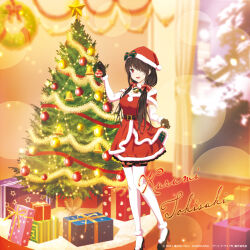 Rule 34 | 1girl, black hair, character name, christmas, christmas ornaments, christmas present, christmas star, christmas tree, clothes lift, date a live, dress, dress lift, gift, hair ornament, hair over one eye, hand up, hat, high heels, highres, indoors, low twintails, official art, open mouth, pantyhose, red eyes, santa dress, santa hat, tokisaki kurumi, twintails, white pantyhose