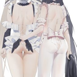 Rule 34 | 2girls, absurdres, annlee, ass, ass cutout, azur lane, babydoll, back, back cutout, bare back, black hair, blonde hair, bow, butt crack, character request, choker, clenched hand, clothes lift, clothing cutout, cowboy shot, detached sleeves, dress, formidable (azur lane), frilled babydoll, frilled choker, frilled sleeves, frills, from behind, hand on another&#039;s back, head out of frame, highres, holding, indomitable (azur lane), lace, lace panties, lifting another&#039;s clothes, long hair, maid, multiple girls, off-shoulder dress, off shoulder, panties, pantyhose, revealing clothes, simple background, thigh gap, thighs, twintails, underwear, white background, white panties