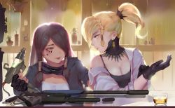 Rule 34 | 2girls, alcohol, bad id, bad pixiv id, black gloves, blonde hair, blue eyes, braid, breasts, brown hair, cleavage, cup, dark-skinned female, dark skin, drinking glass, fingerless gloves, gloves, goggles, goggles around neck, gun, highres, long hair, mercy (overwatch), multiple girls, overwatch, overwatch 1, pharah (overwatch), plant, ponytail, potted plant, smile, t lege d, tattoo, weapon, whiskey