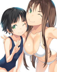 Rule 34 | 2girls, :&gt;, ;), armpits, bad id, bad pixiv id, bikini, black hair, blue one-piece swimsuit, blurry, blush, breasts, brown hair, cleavage, closed mouth, collarbone, cowboy shot, depth of field, eyebrows, eyelashes, green eyes, hand on another&#039;s shoulder, hand on own thigh, kimura (ykimu), large breasts, leaning forward, legs apart, long hair, looking at viewer, multiple girls, navel, old school swimsuit, one-piece swimsuit, one eye closed, original, school swimsuit, short hair, side-tie bikini bottom, simple background, smile, stomach, swimsuit, taking picture, v, white background, white bikini