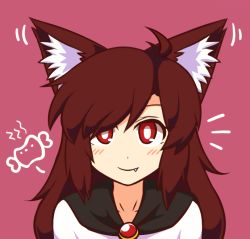 Rule 34 | 1girl, animal ear fluff, animal ears, blush, boned meat, brooch, brown hair, fang, fang out, food, imaizumi kagerou, jewelry, long hair, looking at viewer, meat, portrait, red eyes, simple background, smile, solo, touhou, wolf ears, wolf girl, wool (miwol)