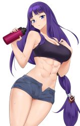 Rule 34 | 1girl, abs, alternate costume, altina (fire emblem), bare shoulders, black tank top, blouse, blue shorts, blush, bottle, braid, breasts, cleavage, commission, contemporary, cowboy shot, crop top, fire emblem, fire emblem: radiant dawn, highres, igni tion, large breasts, long hair, looking at viewer, midriff, navel, nintendo, open fly, shirt, short shorts, shorts, simple background, sleeveless, sleeveless shirt, solo, sweat, tank top, very long hair, white background