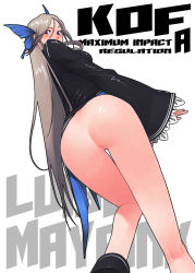 Rule 34 | 1girl, ass, blue eyes, blush, bottomless, butterfly hair ornament, cleft of venus, from behind, from below, g-room honten, hair ornament, kof: maximum impact, long hair, looking at viewer, looking back, luise meyrink, maximum impact ii, mole, mole under eye, no panties, pussy, silver hair, snk, solo, the king of fighters, uncensored