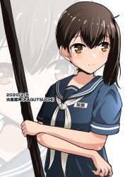 Rule 34 | 1girl, artist name, blue sailor collar, blue serafuku, brown eyes, brown hair, commentary request, dated, kaga (kancolle), kagutsuchi (victoragna), kantai collection, long hair, looking to the side, name tag, sailor collar, serafuku, side ponytail, solo, upper body, zoom layer