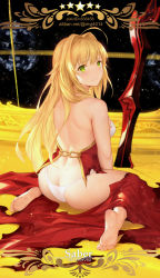 Rule 34 | 1girl, aestus estus, ahoge, ass, back, bare back, bare shoulders, barefoot, blonde hair, blush, breasts, butt crack, character name, closed mouth, dimples of venus, dress, fate/grand order, fate (series), from behind, frown, full body, green eyes, hair intakes, highres, light particles, long hair, looking at viewer, looking back, medium breasts, nero claudius (fate), nero claudius (fate) (all), nero claudius (fate/extra), panties, planted, planted sword, planted weapon, red dress, sideboob, sitting, soles, solo, space, star (symbol), straight hair, sword, torn clothes, torn dress, underwear, very long hair, wariza, weapon, white panties, yijian ma
