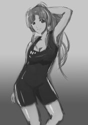 Rule 34 | 00s, 1girl, aged up, alternate costume, alternate hair length, alternate hairstyle, aria (manga), breasts, cleavage, competition swimsuit, drawfag, greyscale, hair tubes, highres, long hair, medium breasts, mizunashi akari, monochrome, one-piece swimsuit, ponytail, sketch, solo, swimsuit, unitard, very long hair