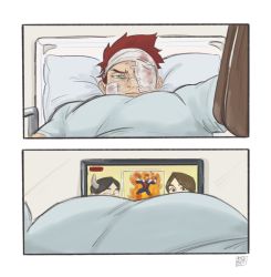 Rule 34 | 1boy, bandaid, bandaid on cheek, bandaid on face, bara, bed, blue eyes, boku no hero academia, endeavor (boku no hero academia), frown, highres, hospital bed, hospital gown, ijessbest, indoors, large pectorals, lying, male focus, mature male, meme, muscular, muscular male, on back, pectoral focus, pectorals, red hair, short hair, sideburns, solo, spiked hair, television
