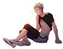 Rule 34 | 1boy, abs, arm support, bangoul, black legwear, black shirt, bokuto koutarou, full body, grey hair, haikyuu!!, knee pads, looking to the side, male focus, midriff, muscular, navel, pulling, shirt, shoes, short hair, short sleeves, shorts, simple background, sitting, sneakers, solo, spiked hair, steam, sweatdrop, t-shirt, white background, white shorts, yellow eyes