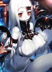 Rule 34 | 10s, 1girl, abyssal ship, bare shoulders, blush, breasts, claws, covered erect nipples, detached sleeves, dress, highres, horns, kantai collection, large breasts, long hair, pale skin, red eyes, ribbed dress, seaport princess, short dress, sideboob, single horn, solo, suika01, very long hair, wavy mouth, white hair
