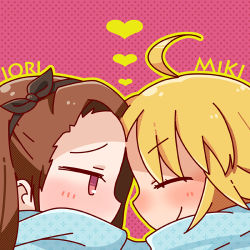 Rule 34 | 2girls, :d, ahoge, blonde hair, blush, brown hair, character name, chibi, closed eyes, covering own mouth, hairband, heart, hoshii miki, idolmaster, idolmaster (classic), long hair, lowres, minase iori, multiple girls, open mouth, paru-tan, pink eyes, profile, scarf, shared clothes, shared scarf, smile