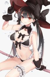 Rule 34 | 1girl, :3, bead bracelet, beads, bikini, black bikini, black gloves, black hat, blush, bow, bracelet, breasts, bridal garter, broom, broom riding, bubble, closed mouth, crescent, frilled bikini, frills, gloves, hair bow, hat, hat bow, highres, jewelry, long hair, looking at viewer, low twintails, medium breasts, original, red eyes, simple background, solo, swimsuit, toriniku senshi chikinman, twintails, very long hair, witch, witch hat