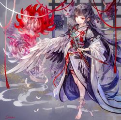 Rule 34 | 1girl, bandaged leg, bandages, barefoot, black hair, blood, bloody weapon, detached sleeves, feathered wings, feathers, flower, highres, holding, holding weapon, japanese clothes, kimono, long hair, long sleeves, mask, obi, orange eyes, original, red eyes, red flower, sash, senano-yu, sheath, single wing, solo, spider lily, standing, very long hair, weapon, white flower, white kimono, wide sleeves, wings