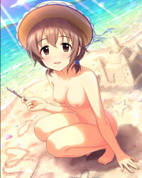 Rule 34 | 1girl, beach, breasts, brown eyes, brown hair, highres, idolmaster, idolmaster cinderella girls, kita hinako, looking at viewer, nude, nude filter, outdoors, peeing, puddle, small breasts, smile, solo, squatting, third-party edit