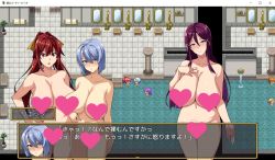 Rule 34 | 3girls, bakunyuu party, bathhouse, blue eyes, blue hair, blush, breasts, censored, hand on own hip, hand on own chest, huge breasts, japanese text, long hair, multiple girls, nude, pixel art, purple eyes, red hair, smile, takeda hiromitsu, video game