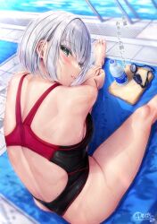 Rule 34 | 1girl, back cutout, bare shoulders, barefoot, blue eyes, blush, bottle, clothing cutout, commentary request, competition swimsuit, feet, foot out of frame, from behind, goggles, grey hair, legs, looking at viewer, one-piece swimsuit, original, parted lips, pool, short hair, sitting, smile, solo, swim goggles, swimsuit, thighs, toenails, toes, translation request, two-tone swimsuit, unohana pochiko, unworn goggles, water, water bottle