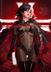Rule 34 | 1girl, absurdres, armored gloves, artist name, asymmetrical gloves, azur lane, black cape, black gloves, black hair, black thighhighs, bodystocking, breasts, bruenhilde (azur lane), cape, cowboy shot, cross, dated, elbow gloves, floating cape, flower, from below, gloves, highres, iron blood (emblem), iron cross, latex, latex legwear, lips, looking at viewer, looking down, medium breasts, meister staze, multicolored hair, nose, parted lips, realistic, red background, red cape, red eyes, red flower, red rose, rose, signature, single elbow glove, solo, split-color hair, thigh gap, thighhighs, two-tone cape, two-tone hair, white hair