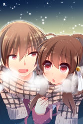 Rule 34 | 1boy, 1girl, brother and sister, brown hair, chestnut mouth, hano haruka, little busters!, long hair, natsume kyousuke, natsume rin, open mouth, ponytail, red eyes, scarf, school uniform, shared clothes, shared scarf, siblings, snow, upper body