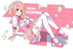 Rule 34 | 1girl, bad id, bad pixiv id, blonde hair, bow, breasts, cleavage, fairy tail, frilled skirt, frills, full body, happy valentine, high heels, highres, index finger raised, large breasts, lium, looking at viewer, lucy heartfilia, maid, maid headdress, open mouth, orange eyes, pink bow, pink footwear, pink heels, pink skirt, shoes, short hair, short sleeves, sitting, skirt, solo, tattoo, thighhighs, twintails, white thighhighs, wrist cuffs